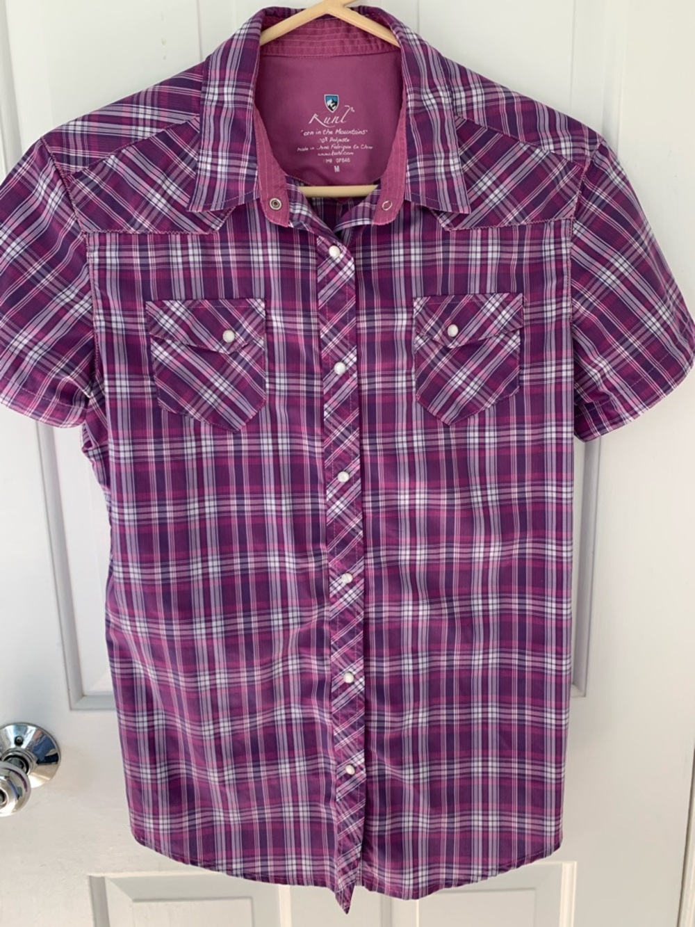 Kuhl top with snaps. Pink, purple and white plaid with cool lightweight fabric.